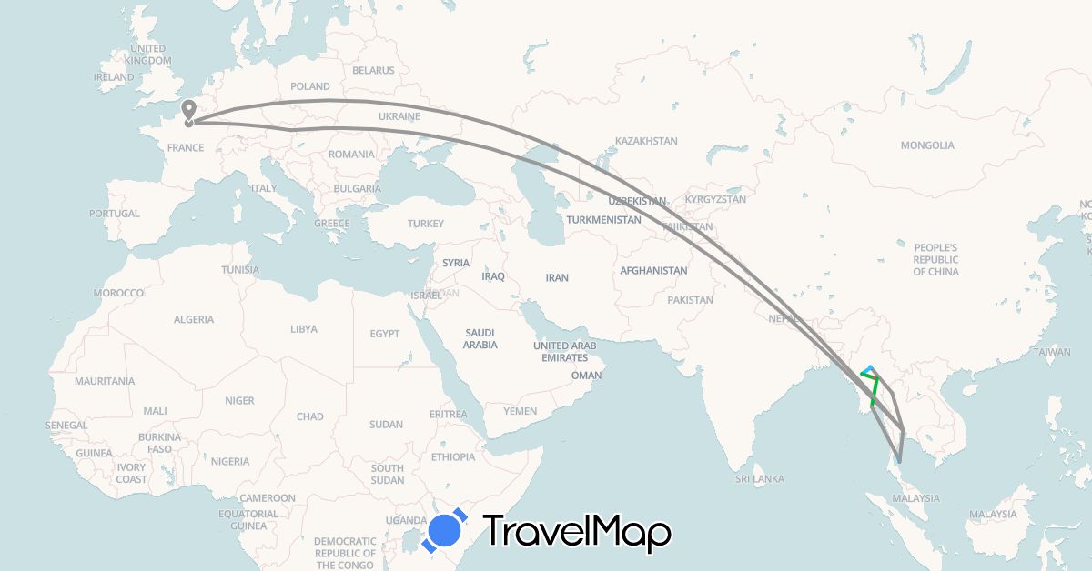 TravelMap itinerary: driving, bus, plane, hiking, boat in Austria, Germany, France, Myanmar (Burma), Thailand (Asia, Europe)